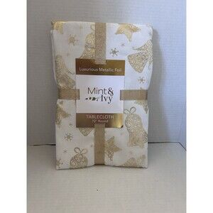 70" round tablecloth white with gold holiday pattern ornaments